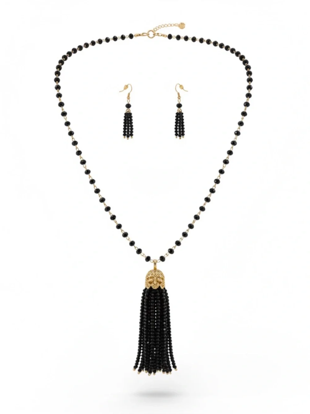 Black Beaded Tassel Necklace & Earrings Set with Gold Accents